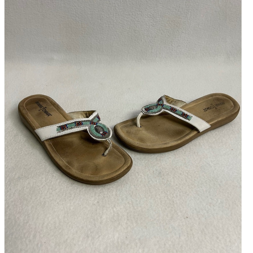 Boho Southwestern Minnetonka Womens 8 White Beaded Leather Thong Sandals 700151